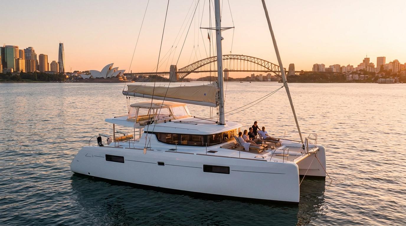 Catamaran sitting on the Sydney Harbour | Featured Image for Things to do on Sydney Harbour Blog. by Eastcoast Sailing