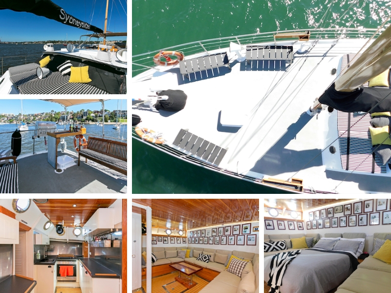big private yacht collage showing sun deck loungers, helm seating, modern kitchen, wood lounge, and cosy cabin bedroom