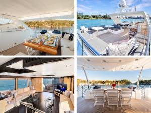 Stylish dining setup and open deck lounge on luxury yacht moored at boat harbour Sydney with waterfront scenery.