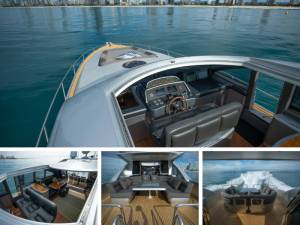 Luxury motor yacht cruising through calm waters near skyline at boat harbour Sydney, showing cockpit, lounge, and deck seating areas.