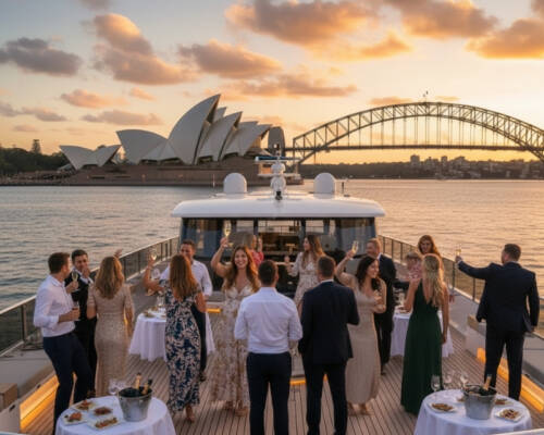Party Boat Costs in Sydney What Affects the Price and How to Save Party Boat Costs showcased by a luxury yacht party on Sydney Harbour with Opera House and Harbour Bridge at sunset