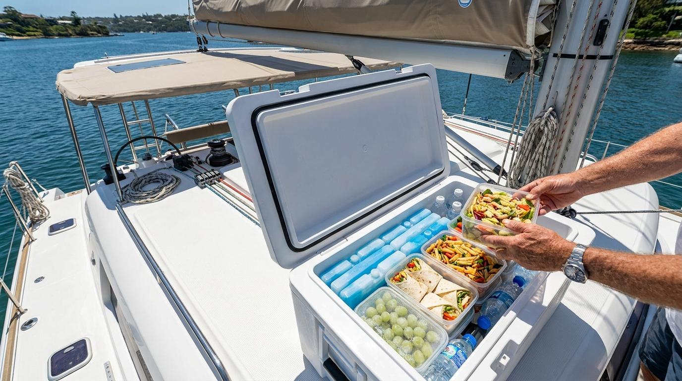 Food packed into an esky on a boat | Featured Image for What Food To Take on a Boat Blog by Eastcoast Sailing